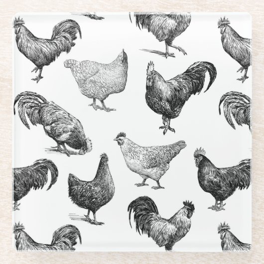 Hähnchenmuster im Retro-Landhaus Glasuntersetzer (Vorderseite)