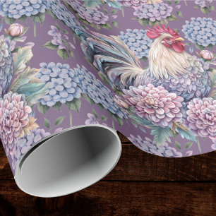 Hähne und Hortensien Blau Lila Grau Farmhaus Geschenkpapier