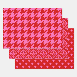 Hahnentritt, Damast, DIY-Farben Rot Pink Geschenkpapier Set