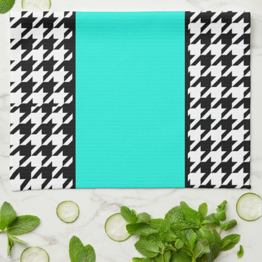 Hahnentrittmuster, aquamarin, schwarz und weiß kar geschirrtuch (Gefaltet)