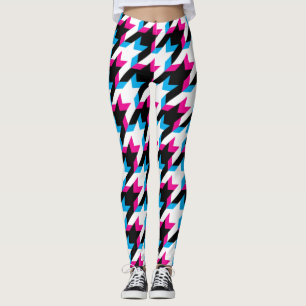 Hahnentrittmuster Glitch Leggings Blau und Rosa