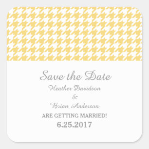Hahnentrittmuster Save the Date Stickers, gelb Quadratischer Aufkleber