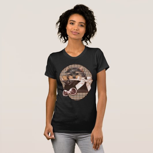 Hahnentrittmuster Yorkie Welpe T-Shirt (Vorne ganz)