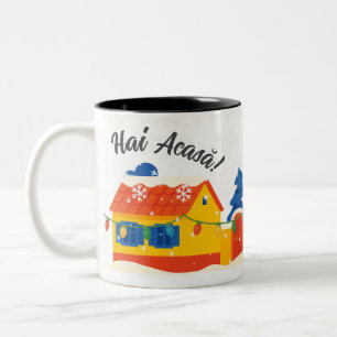 Hai Acasă Snowy Holiday Village Rumänisch  Zweifarbige Tasse