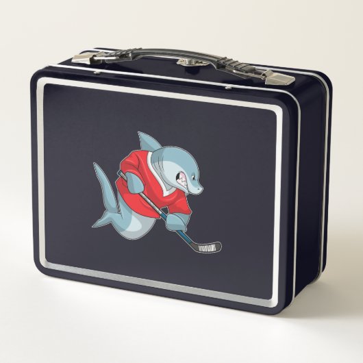 Hai beim Eishockey mit Eishockeystick Metall Brotdose (Rückseite)