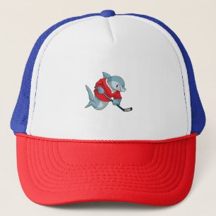 Hai beim Eishockey mit Eishockeystick Truckerkappe