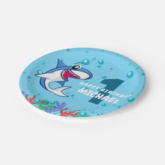 Hai Birthday First Bday Ocean Kinder Pappteller (Schrägansicht)