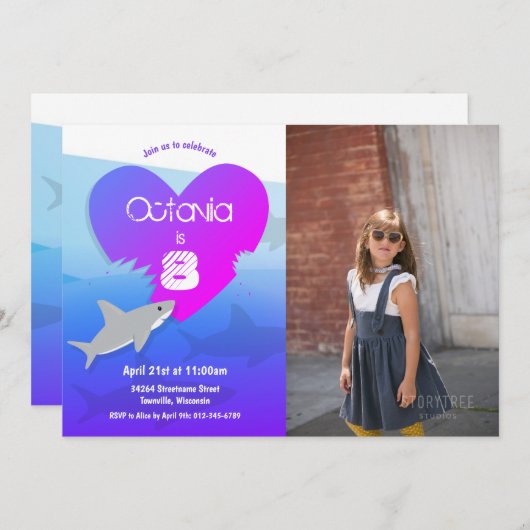 Hai Geburtstagsparty Foto Lila Blue Einladung (Vorne/Hinten)
