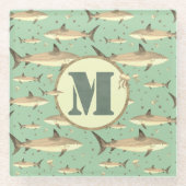 Hai-Jellyfish-Muster Aquarellfarbenmonogramm Grün Glasuntersetzer (Vorderseite)