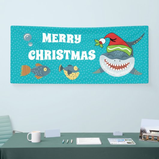Hai lächeln in einem Elf hat Weihnachtsaquarium Banner (Messe)