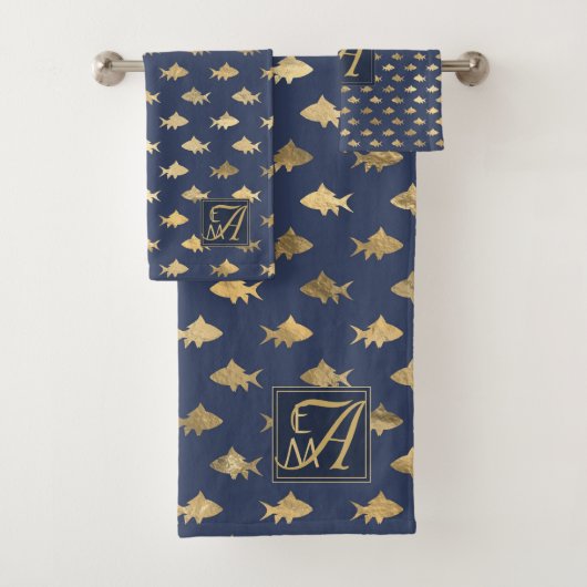 Hai Navy Blue Gold Monogram Wohngestaltung Newlywe Badhandtuch Set (Insitu)