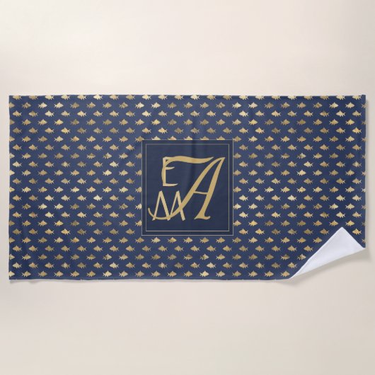 Hai Navy Blue Gold Monogram Wohngestaltung Newlywe Strandtuch (Vorderseite)