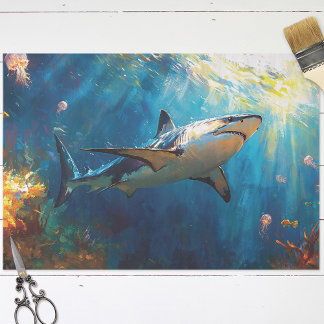 Hai unter Wasser mit Quallen-Decoupage Seidenpapier