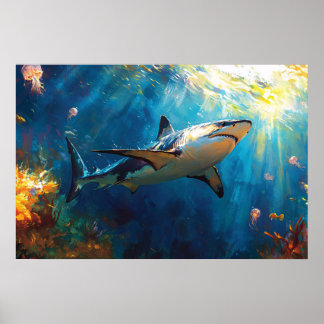 Hai unter Wasser umgeben von Quallen Poster