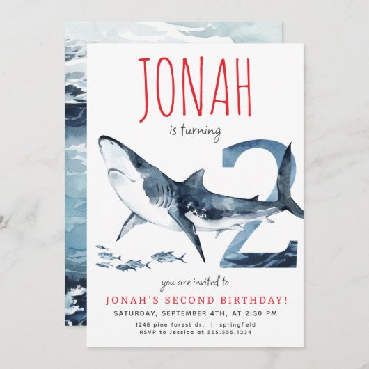 Hai zum zweiten Geburtstag Einladung (Vorne/Hinten)