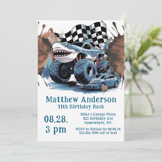 Haiangriff Monster Truck Birthday Bash Einladung (Stehend Vorderseite)