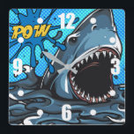 Haiangriff POW Superhero Comic Wasser Platsch Quadratische Wanduhr<br><div class="desc">Shark Attack POW Superhero Comic Wasser Platsche Wand Uhr</div>