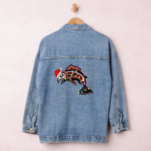 Haida Lachs Geist Tier mit Weihnachtsbeleuchtung Jeansjacke