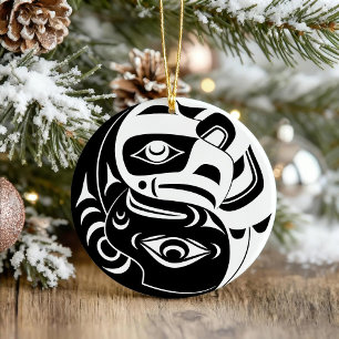 Haida Thunderbird Black and White Eagle Circle Keramik Ornament