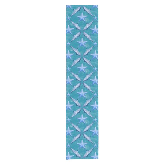 Haie Starfish Ocean Life Nautical Coastal Blue Kurzer Tischläufer (Vorderseite)