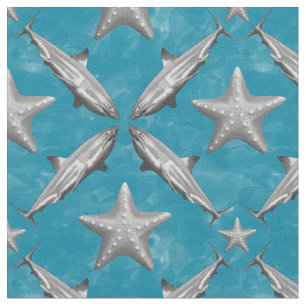 Haie Starfish Ocean Life Nautical Coastal Blue Stoff