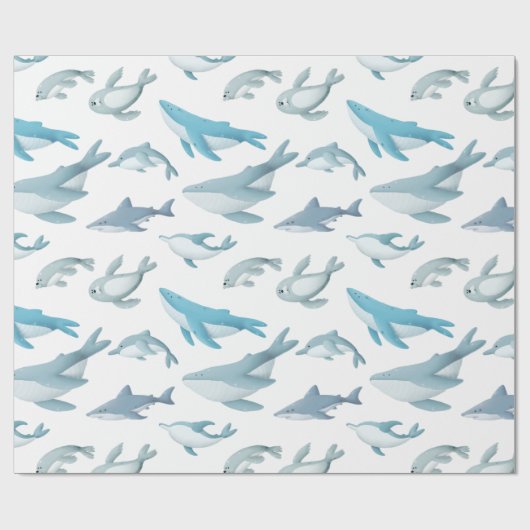 Haie, Wale, Delphine, Siegel auf Weiß Geschenkpapier (Flach)