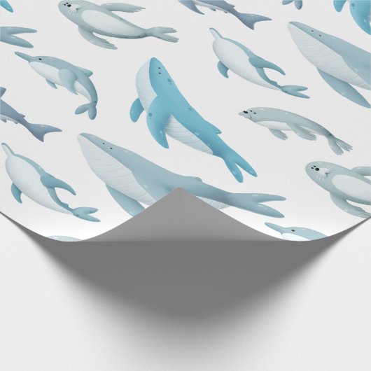 Haie, Wale, Delphine, Siegel auf Weiß Geschenkpapier (Ecke)