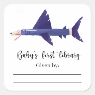 Haifisch - Baby Shower Buchschild, Bücher fürs Bab Quadratischer Aufkleber