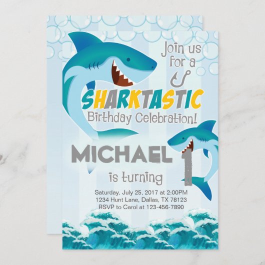 Haifisch Geburtstagsparty Einladung Junge (Vorne/Hinten)
