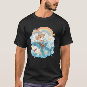 Haifisch-Reit-Kätzchen-Liebhaber-Regenbogen-Tier-M T-Shirt