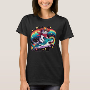 Haifisch-Reit-Kätzchen-Liebhaber-Regenbogen-Tier-M T-Shirt