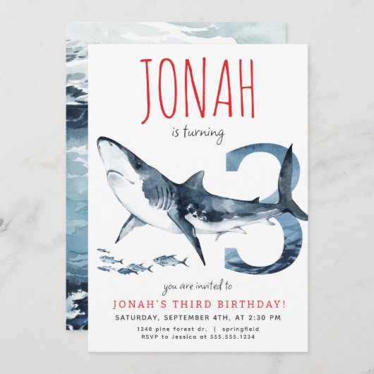 Haifischerladung zum dritten Geburtstag Einladung (Vorne/Hinten)