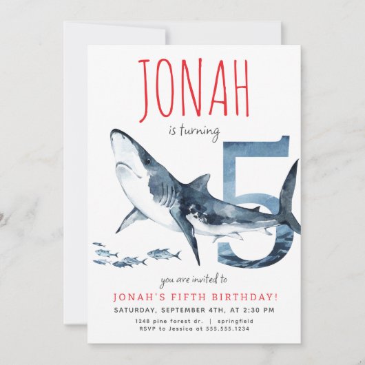 Haifischfliegerei zum fünften Geburtstag Einladung (Vorderseite)