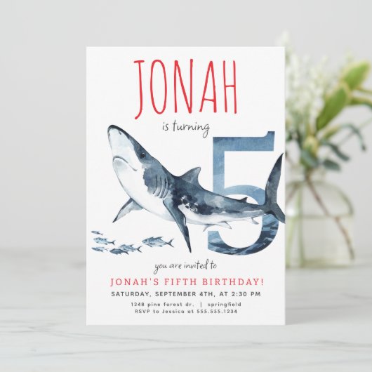 Haifischfliegerei zum fünften Geburtstag Einladung (Stehend Vorderseite)
