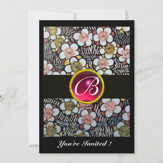 HAIKU/FRÜHBLUMEN, PINK FUCHSIA RUBY MONOGRAM EINLADUNG (Vorderseite)
