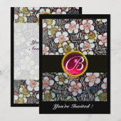 HAIKU/FRÜHBLUMEN, PINK FUCHSIA RUBY MONOGRAM EINLADUNG (Vorne/Hinten)