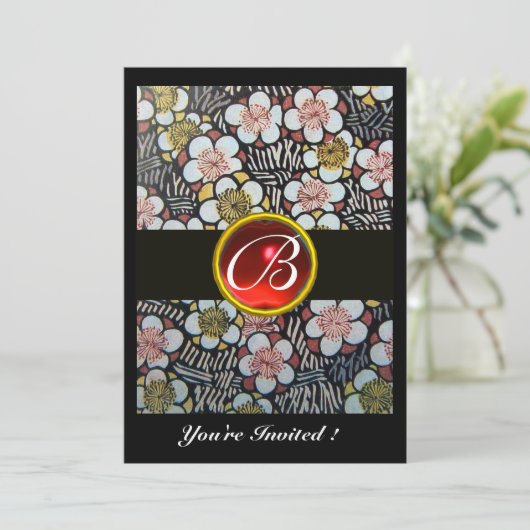 HAIKU RED RUBY MONOGRAM Schwarz Einladung (Stehend Vorderseite)