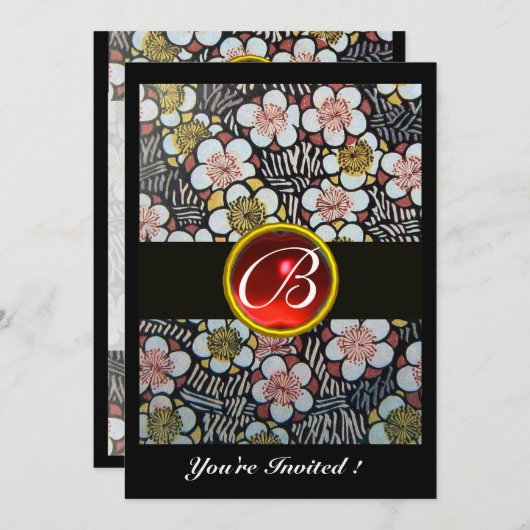 HAIKU RED RUBY MONOGRAM Schwarz Einladung (Vorne/Hinten)