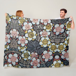 HAIKU/SCHWARZ WEISS PINK GELB FRÜHLINGSBLUMEN FLEECEDECKE