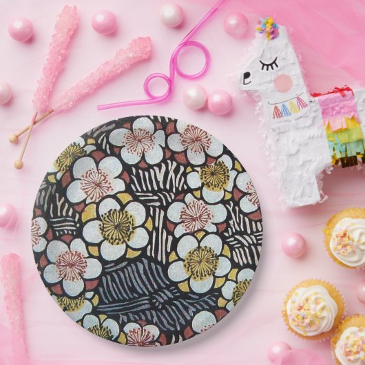 HAIKU/SCHWARZ-WEISS PINK GELBE BLUMEN PAPPTELLER (Party)
