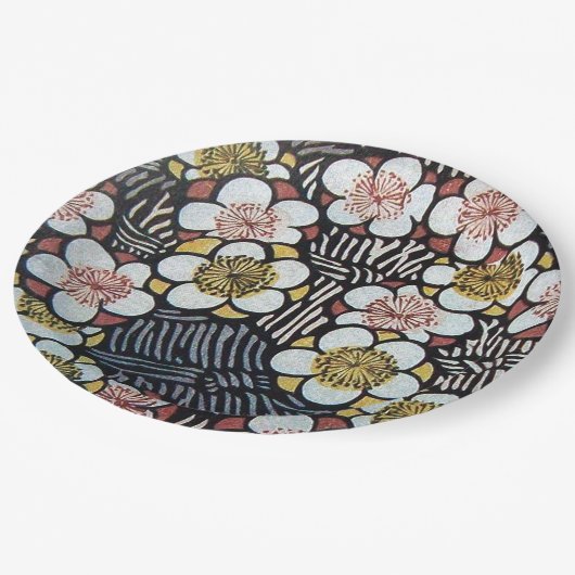 HAIKU/SCHWARZ-WEISS PINK GELBE BLUMEN PAPPTELLER (Schrägansicht)