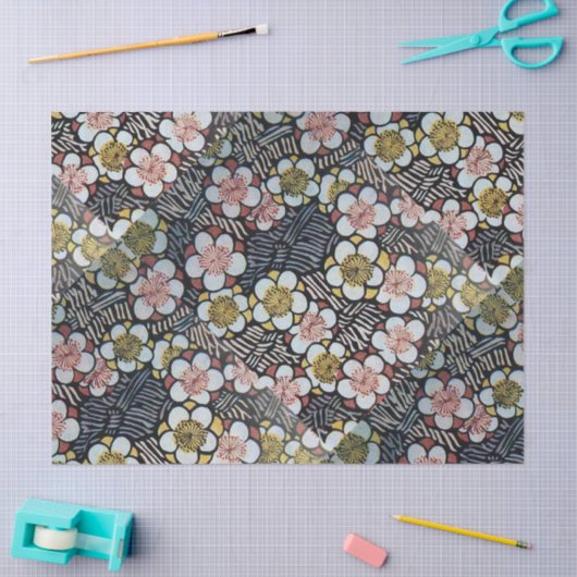 HAIKU/SCHWARZ-WEISS PINK GELBE BLUMEN SEIDENPAPIER (Basteln)