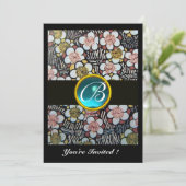 HAIKU/SPRINGBLUMEN BLUE TURQUOISE GEM MONOGRAM EINLADUNG (Stehend Vorderseite)