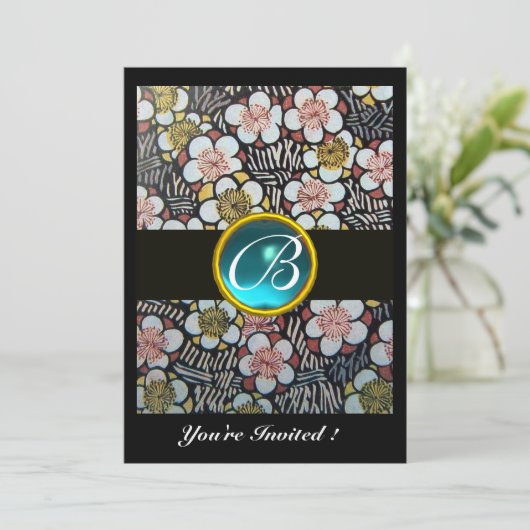 HAIKU/SPRINGBLUMEN BLUE TURQUOISE GEM MONOGRAM EINLADUNG (Stehend Vorderseite)