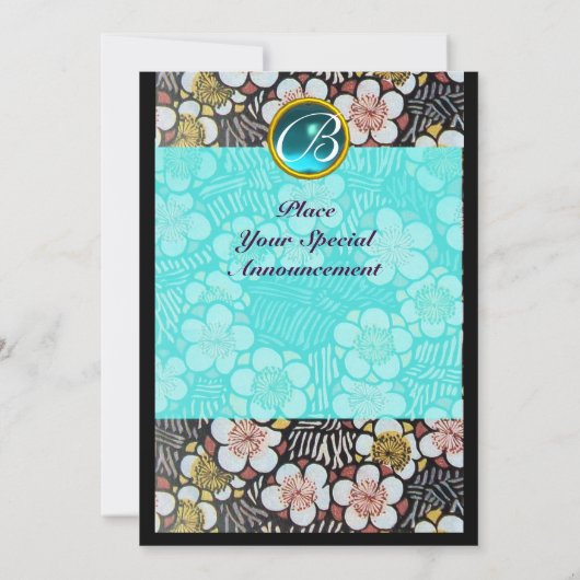 HAIKU/SPRINGBLUMEN BLUE TURQUOISE GEM MONOGRAM EINLADUNG (Rückseite)