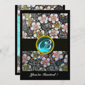 HAIKU/SPRINGBLUMEN BLUE TURQUOISE GEM MONOGRAM EINLADUNG (Vorne/Hinten)