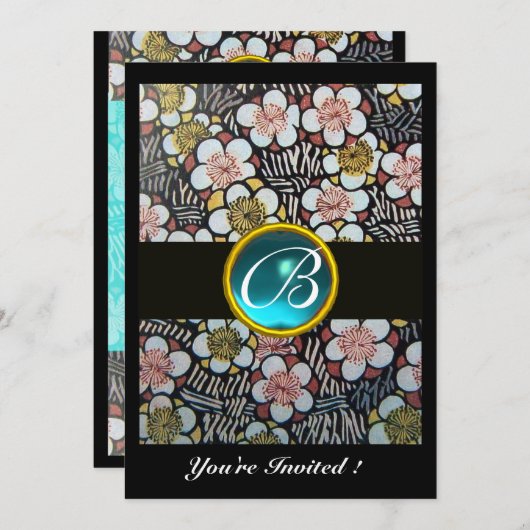 HAIKU/SPRINGBLUMEN BLUE TURQUOISE GEM MONOGRAM EINLADUNG (Vorne/Hinten)