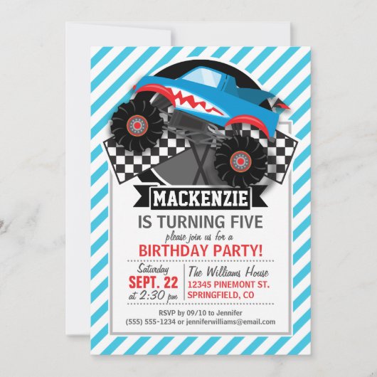 Haimonster-Lkw; karierte Flagge; Blaue Streifen Einladung (Vorderseite)