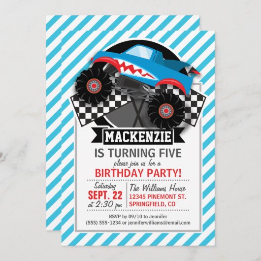 Haimonster-Lkw; karierte Flagge; Blaue Streifen Einladung (Vorne/Hinten)