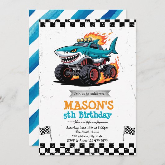 Haimonster Truck Geburtstagsparty Einladung (Vorne/Hinten)